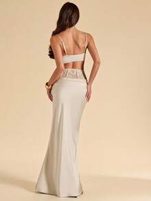 SHEIN BAE Elegancki komplet spódnicy syreny z satyny w kolorze morelowym z koronką i wiązaniem na ramiączkach, 2 sztuki dla kobiet, elegancka spódnica w kolorze morelowym, odpowiednia na imprezę, koktajl, urodziny, dla druhen i gości weselnych - Morela - Zobacz 2
