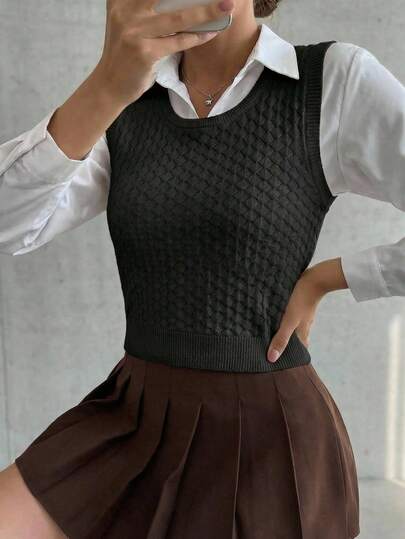 Chaleco tejido sin mangas dama mujer diseño clásico y versátil con textura de punto geométrico ideal para looks preppy, casuales y de capas