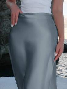 Turnttoni 女士优雅缎面半身裙，百搭鱼尾裙摆半身裙，日常穿着 - 灰色 - 查看 3