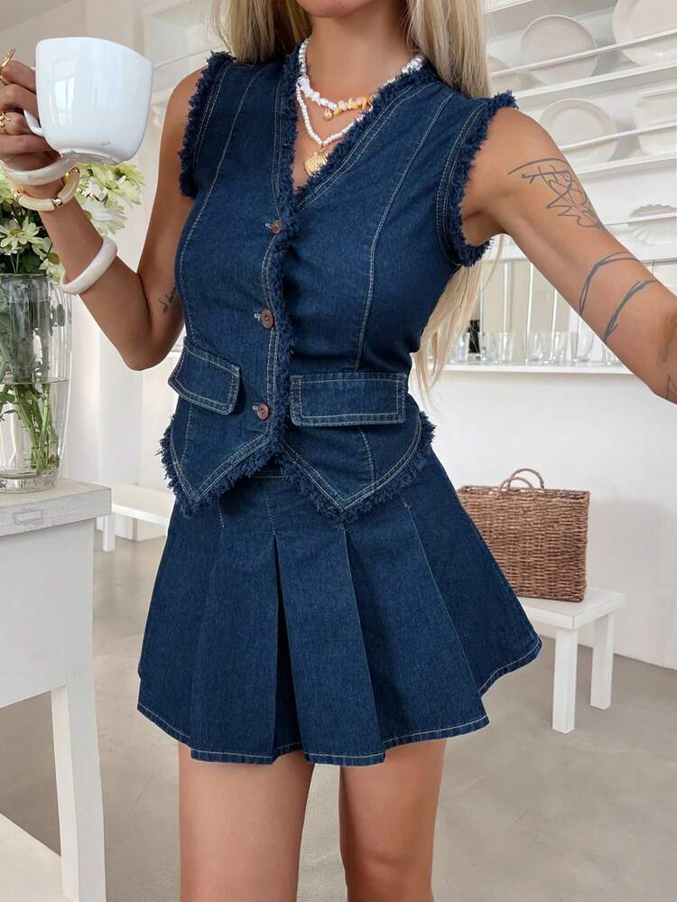 Women's Summer V-Neck Sleeveless Fringe Waist Cardigan And Short Denim Skirt Casual Suit