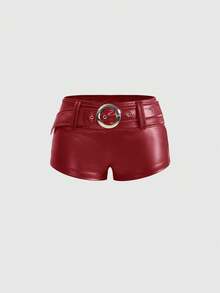 ROMWE Avant Bộ đồ nữ phong cách Gyaru cổ điển, chất liệu PU, gồm áo crop top cạp thấp, cổ xếp ly trang trí và quần short ôm sát ngắn. - Màu Đỏ Sâu - Xem 4