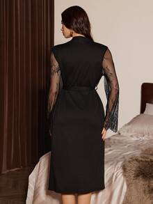 Slumberist 性感迷人的蕾丝拼接长袖睡袍，女士系带薄纱中长款睡衣 - 黑色 - 查看 3