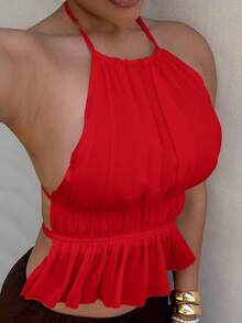 Maria Perezxox Women's Pleated Halter Neckline Waist-Tied Backless Tank Top - Burgundy - View 3