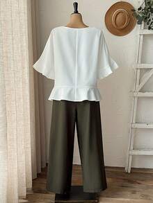 Rusticease Plus Size White Round Neck Asymmetric Hem Top And Green Pants,2 Pieces Set For Women,Summer Boho Vacation Holiday Casual Spring Country Style Outfit - Multicolor - View 2