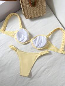 Swim Mod 女士休闲度假沙滩风纯色粗肩带丁字裤比基尼两件套泳衣，波西米亚风夏季聚拢泳衣聚拢文胸泳衣浅黄色比基尼聚拢泳衣黄色泳衣比基尼套装晒日光浴比基尼褶皱比基尼褶皱肩带比基尼另类比基尼套装女士泳衣女士比基尼套装春夏精选Y2K泳衣女士泳装女士两件套泳衣 - 黃色 - 查看 5