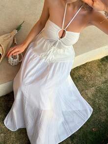 Livesso Beach Party Holiday Outfit Summer 100% Cotton White Halter Midi Dress For Women - Beige - View 1