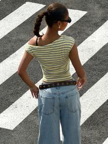 Muchica 女士黄色条纹针织单肩上衣 - 彩色 - 查看 2