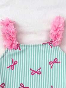 SHEIN 少女/少女针织条纹蝴蝶结设计3D花朵连体泳衣 粉色蝴蝶结泳衣 条纹连体泳衣 粉色连体泳衣 女童泳装 - 薄荷綠 - 查看 9