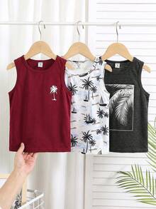 Bộ 3 món áo thun ba lỗ dáng rộng in hình cây cọ phong cách thường ngày cho bé trai tuổi teen, thích hợp đi học, nghỉ lễ, mùa xuân và mùa hè. - Đỏ - Xem 2