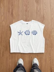 Manfinity Joysei 标准尺码白色休闲宽松短款吊带背心，饰有贝壳、海星和芙蓉花图案，适合夏季户外穿着。 - 白色 - 查看 1