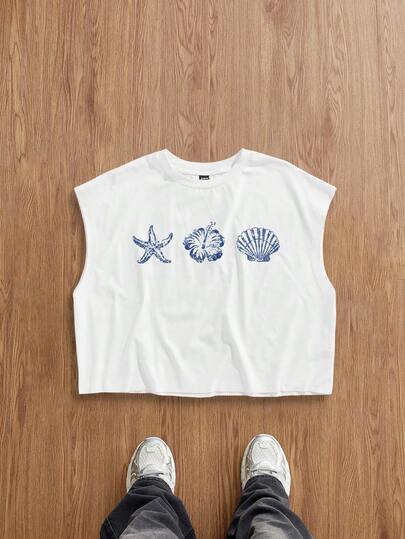 Manfinity Joysei Standard Size White Casual Loose Cropped Camisole Top With Seashell, Starfish & Hibiscus Floral Pattern, Suitable For Summer Outdoor Wear