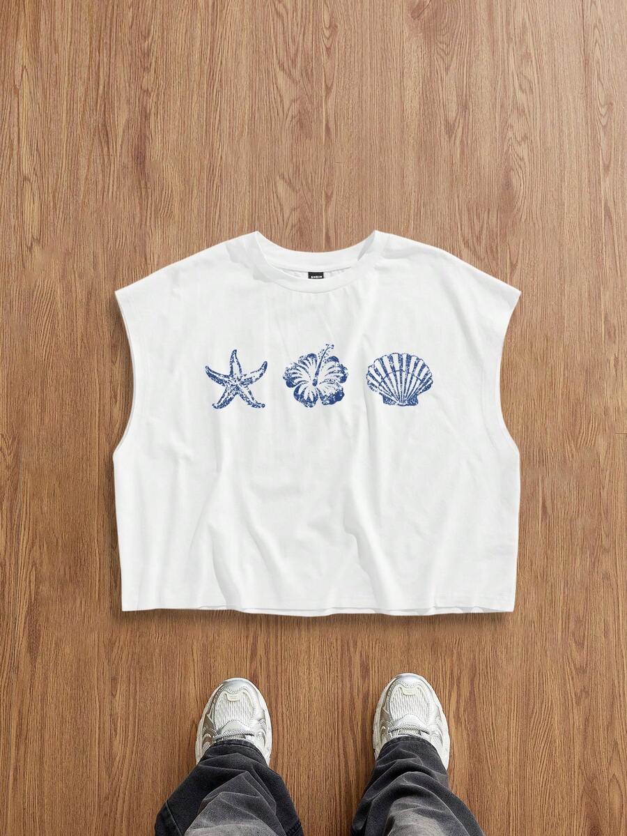 Manfinity Joysei 标准尺码白色休闲宽松短款吊带背心，饰有贝壳、海星和芙蓉花图案，适合夏季户外穿着。 - 白色 - 查看 1