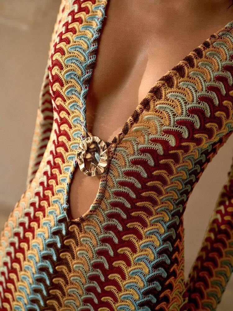 DEEP V-NECK DESIGN WITH METAL DECOR, FLARE SLEEVE, BOHEMIAN RELAXED ELEGANT WOMEN BEACH COVER UP DRESS, MULTI-COLOR STRIPED TEXTURED