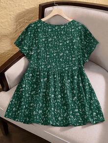 Rusticease Camisa informal de talla grande con estampado floral diminuto de verano - Verde - Ver 2