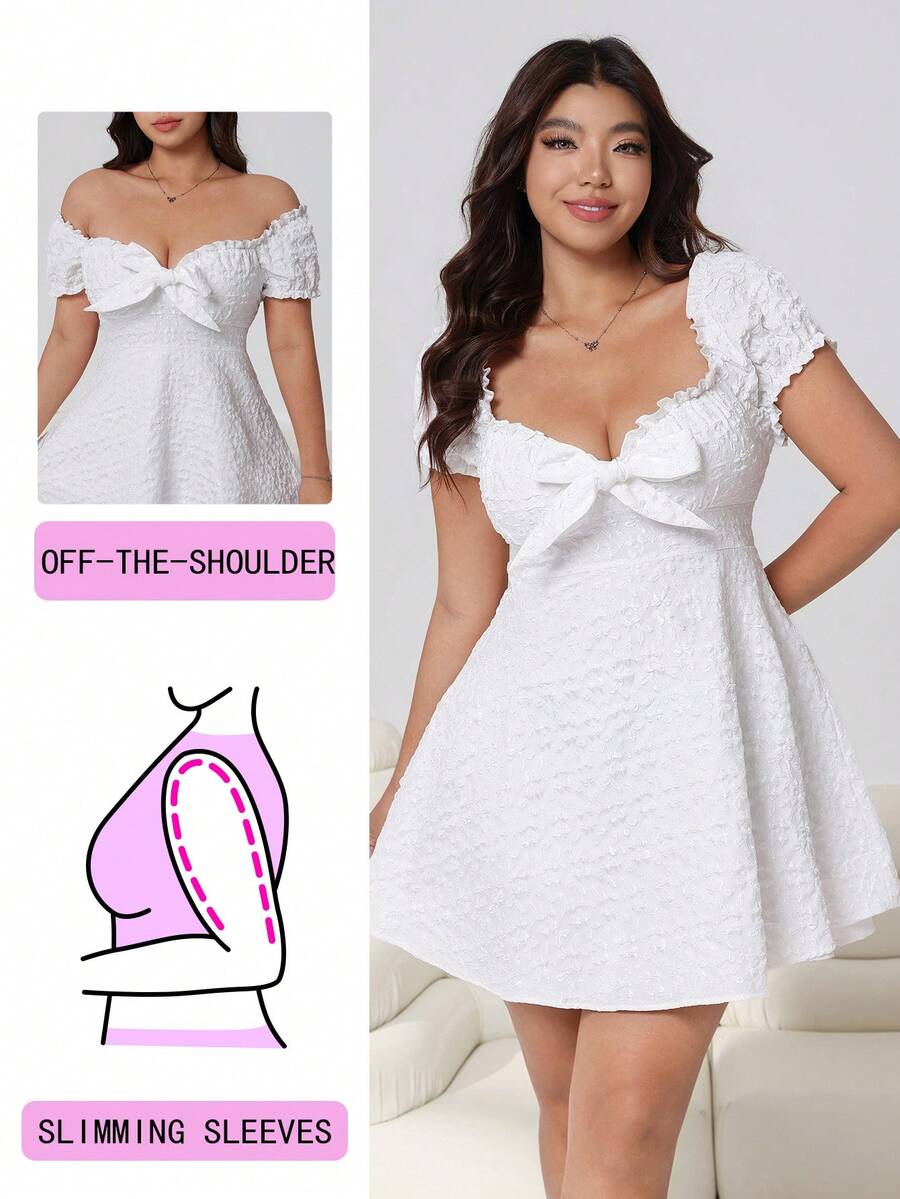 Solflare 春夏新款休闲日常连衣裙，适合外出、派对、音乐节、返校、毕业典礼、度假、伴娘、街头穿搭，优雅百搭，可外穿或叠穿，可调节露肩设计，短袖，荷叶边装饰，正面蝴蝶结点缀，收腰设计，白色提花面料，短款，大码尺码 - 白色 - 查看 1