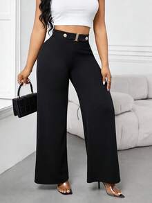 SHEIN Lady 女士纯色休闲裤 - 黑色 - 查看 6