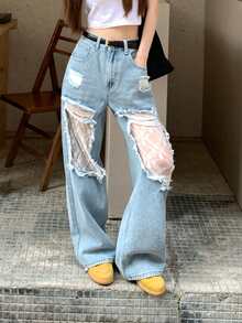 FRIFUL 女士破洞蕾丝拼接休闲阔腿牛仔裤 - 藍色 - 查看 6