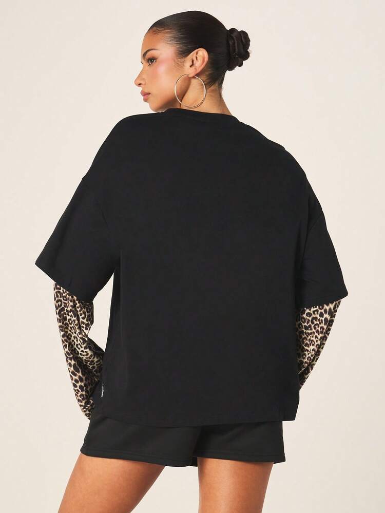 Missguided x Playboy Women's Oversized Double Layer Black T-Shirt With Leopard Print Long Sleeves And Logo Script Text Design Casual Streetwear