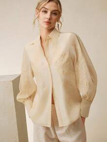 Anewsta Spring/Summer New Hollow Lace Patchwork Embroidered Butterfly Polo Collar Long Sleeve Sheer Lightweight Women Shirt - Apricot - View 6