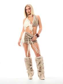 SUMWON WOMEN 麻花针织仿毛皮饰边露背流苏细节露脐无袖波西米亚风上衣 - 彩色 - 查看 3