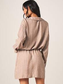 MISSGUIDED Striped Wrap Mini Dress With V-Neck Long Sleeves Casual Tie Detail Fall Winter - Coffee - View 2