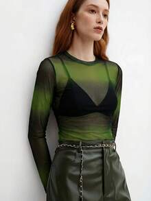 BizChic 扎染图案圆领网纱上衣，百搭风格，适合办公室、正式场合、休闲场合、浪漫场合、Y2K风格、90年代复古风、派对、毕业典礼、日常穿着，春夏皆宜。 - 綠色 - 查看 6