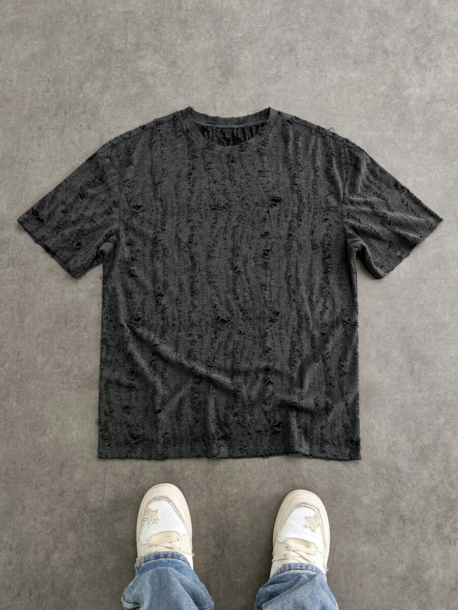 SWAVVY Men's Casual Washed Dark Grey Short Sleeve T-Shirt, Summer Men Textured Shirt Men T Shirt Men Knit Tops Men Clothes - Grey - View 1