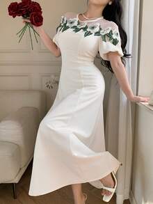 Spring & Summer White Dress, Elegant For Valentine's Day, Wedding, Party, Banquet, Fashion Event. Waist-Cinched Fit, Ruffle Hem, Bell Sleeves, Color Block Floral Print Long Dress For Women - Beige - View 5