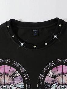 ROMWE MEN Street Life Spring/Summer Casual Graphic Men'S Rhinestone Print Loose Short T-Shirt - Black - View 2