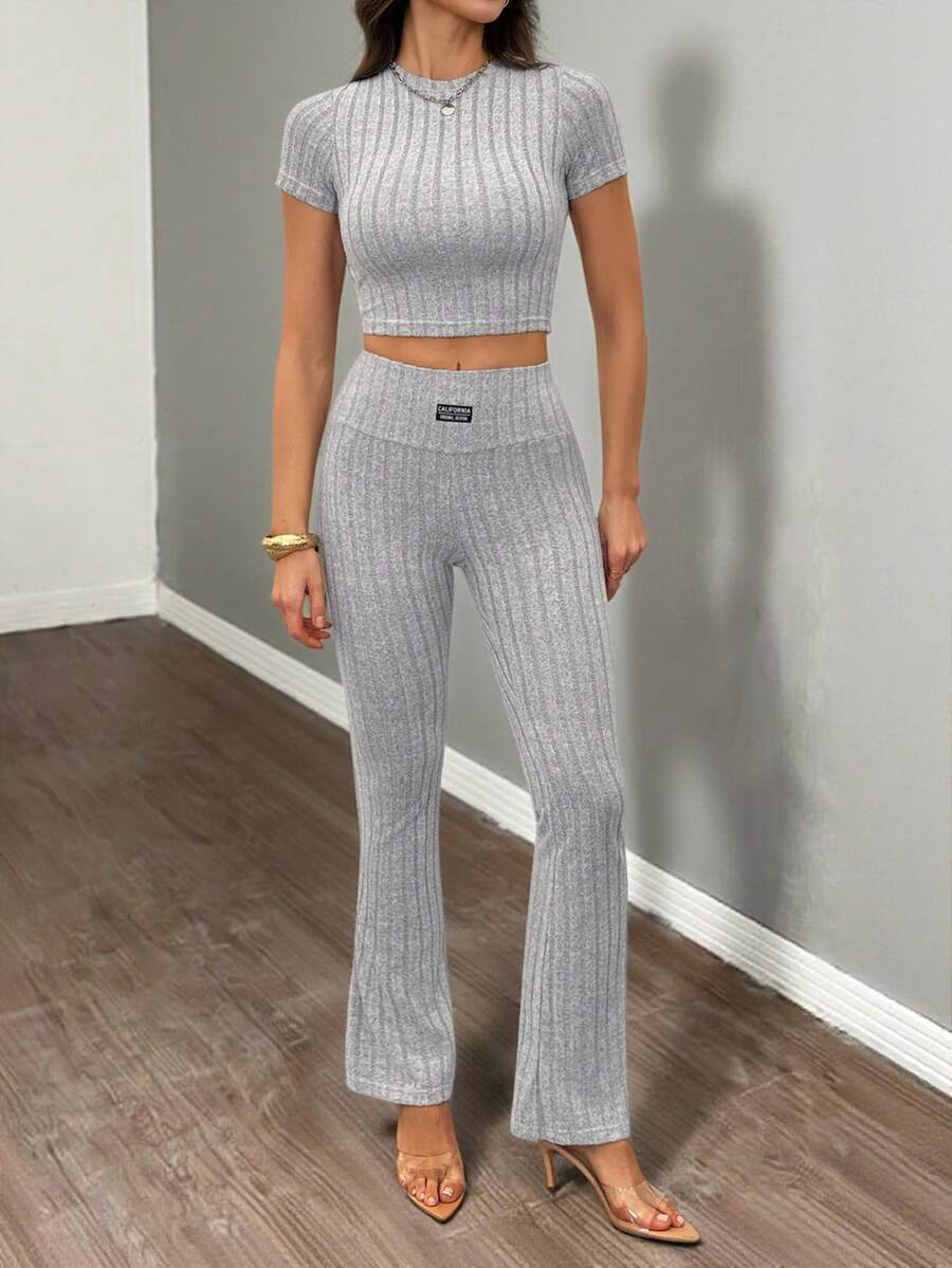 SHEIN Tall 纯色针织休闲女式两件套T恤和裤子套装