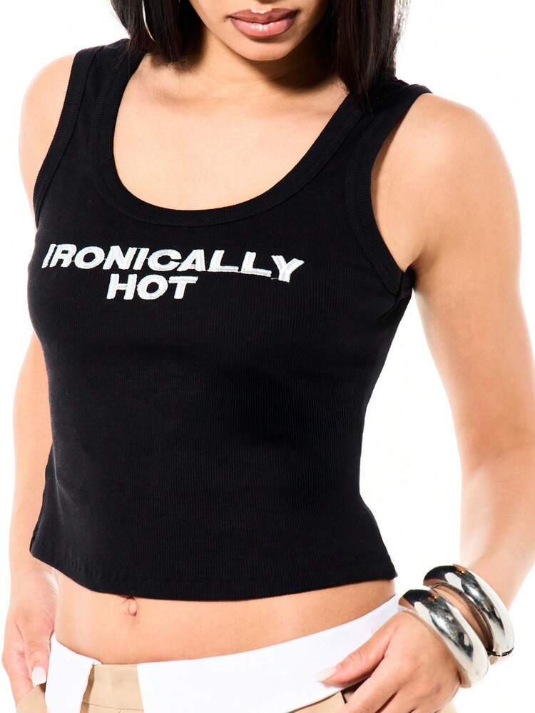 SUMWON WOMEN Ribbed Graphic Tank Top With Statement Text