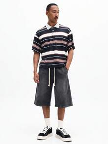 SUMWON 男士休闲短款宽松条纹短袖 Polo 衫，经典领口，多色条纹图案，夏季上衣 - 彩色 - 查看 3