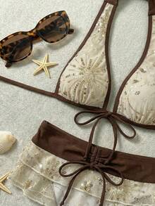 Glamine SHEIN Glamour Women's Summer Beach Sequin Halter Tie Sexy Bikini Swimsuit Set - Beige - View 2