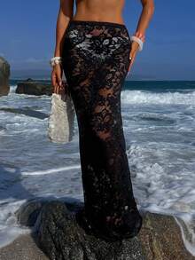 Opulessa 女士蕾丝拼接休闲百搭沙滩罩衫裙 - 黑色 - 查看 4