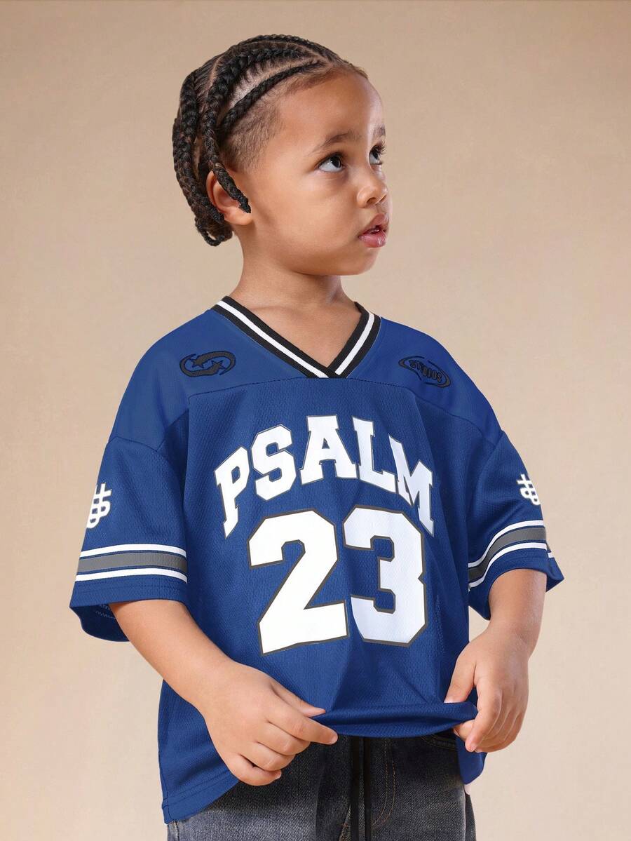 Áo thun bóng chày dáng rộng SUMWON dành cho bé trai, in hình Thi Thiên 23, tay ngắn, cổ chữ V, chất liệu lưới, thích hợp cho hoạt động thường ngày và đi nghỉ mát. - Màu xanh lam - Xem 1