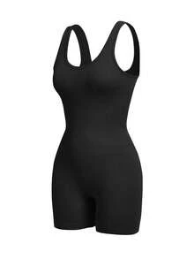 Velisys Set de 2 piezas de shorts tipo mono sin costuras y transpirables, diseño acanalado, estilo básico, color negro, para deportes, fitness, yoga - Negro - Ver 5