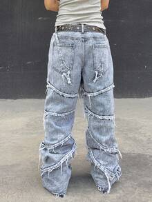 Manfinity Roghcode Men's Casual Washed Distressed Straight Leg Jeans - Grey - View 2