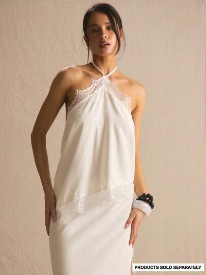 MUSERA เสื้อครอปสายเดี่ยวคอเต่าแต่งลูกไม้ชายเสื้อไม่สมมาตรสำหรับฤดูใบไม้ผลิและฤดูร้อน สวมใส่สบาย น่ารัก เหมาะสำหรับวันหยุดพักผ่อนและออกงานสังคม