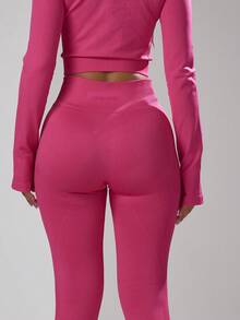 Musera Sport 罗纹腰无缝紧身裤，夏季度假伊比沙岛海滩装，适合板式网球、网球、匹克球、健身房健身和冬季穿着 - 玫紅色 - 查看 4