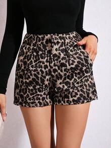 Lavishia Leopard Print Slant Pocket Shorts Fall Women With Pockets - Mocha Brown - View 5