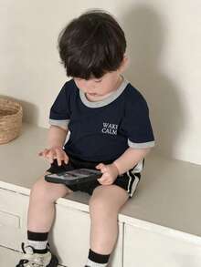 DAZY Toddler Boys' Round Neck Contrast Color Letter Print Short Sleeve Top, Summer - Blue - View 2