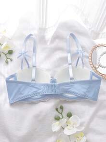 1件套薄纱刺绣网纱吊带睡裙套装，带衬垫罩杯和钢圈，夏季度假睡衣，粉色 - 藍白色 - 查看 2