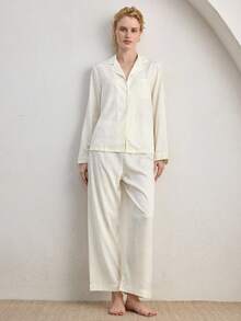 Ocili Satin Jacquard Minimalist Abstract Comfortable Lapel Long Sleeve Pants Ladies Sleepwear Set, Chic Autumn Slumber - Champagne - View 5