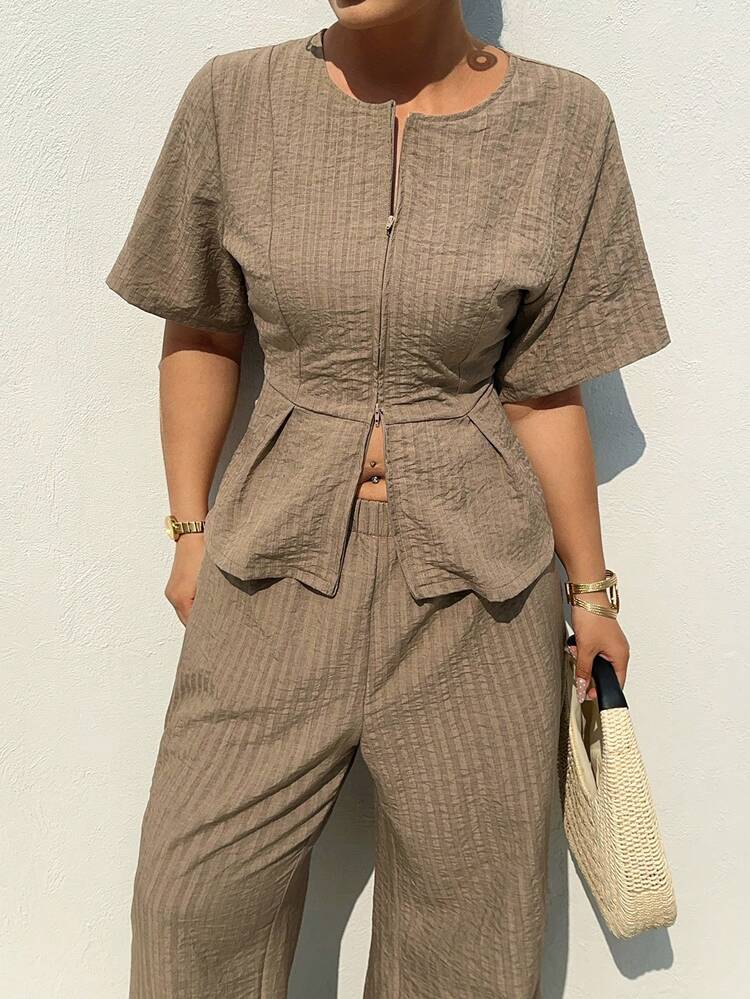 Dazy Plus Plus Size Women Striped Short Sleeve Zip-Up Top And Wide Leg Pants Casual 2 Pieces Set