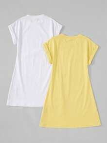 SHEIN BASICS 2pcs/Set Casual Solid Color Knit Round Neck Short Sleeve Mini Dress For Women Spring Dresses Summer Tshirt Mod Dresses/Summer - Multicolor - View 4