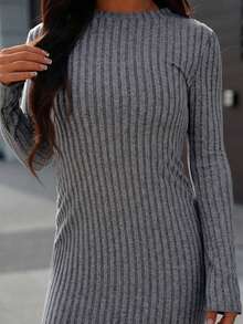 SAYEHFBABY Solid Ribbed Knit Bodycon Black Dress - Dark Grey - View 2