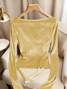 Franclia 优雅休闲丝绒V领长袖T恤，香槟色，秋冬款 - 黃色 - 查看 2