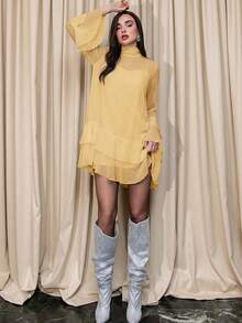 Bris Aura 女式纯色多层立领优雅长袖连衣裙 - 黃色 - 查看 3