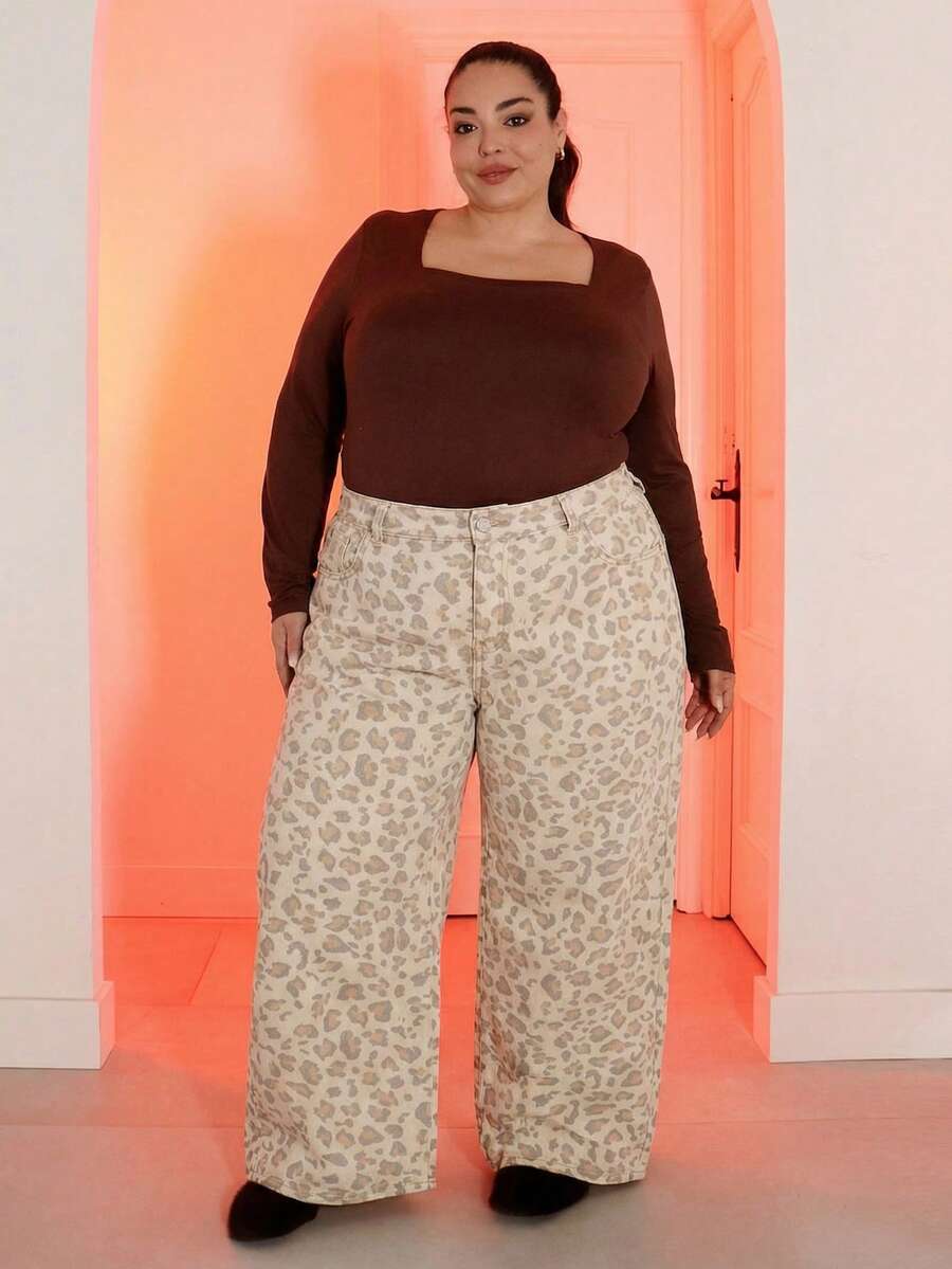 Pretty and Ole 大码女式豹纹口袋阔腿宽松休闲牛仔裤，适合夏季春季穿着，沙滩休闲裤，度假休闲裤，Y2K风格女式豹纹牛仔裤，白色裤子，女式豹纹阔腿牛仔裤，休闲高腰宽松牛仔裤，日常百搭 - 白色 - 查看 1