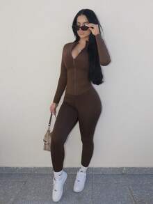 黑色两件套运动服拉链夹克和紧身裤 - 棕色 - 查看 2